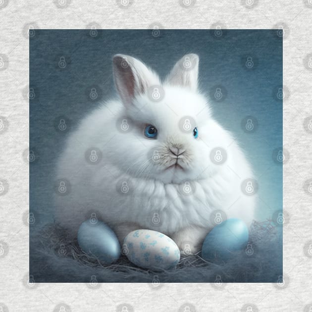 Cute White Fluffy Bunny with Blue Eyes and Easter Eggs by mw1designsart